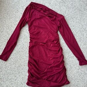 One-Shoulder Burgundy Mini Dress Women’s Small Bodycon Long Sleeve Dress